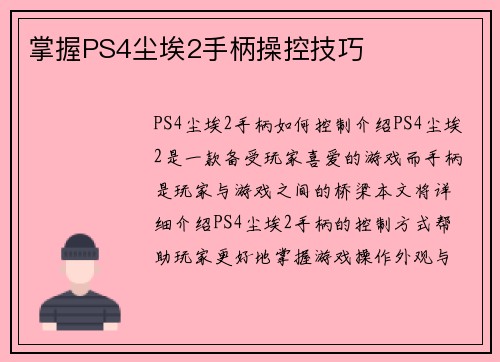 掌握PS4尘埃2手柄操控技巧